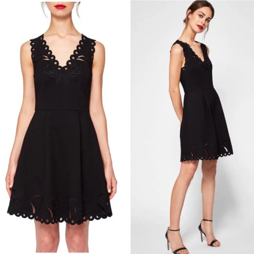 Ted Baker Emalise Embroidered Eyelet Lace Black Dress